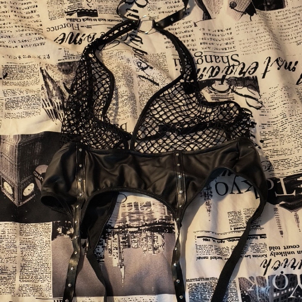 Black Fishnet and Faux Leather Lingerie Top Only